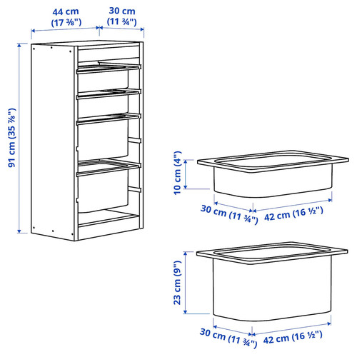 TROFAST Storage combination with boxes, light white stained pine/white, 44x30x91 cm