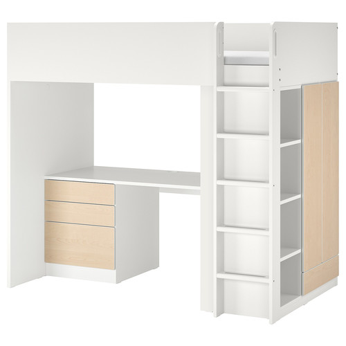 SMÅSTAD Loft bed, white birch/with desk with 4 drawers, 90x200 cm