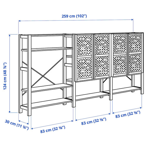 IVAR Shelving unit with doors, pine, 259x30x124 cm