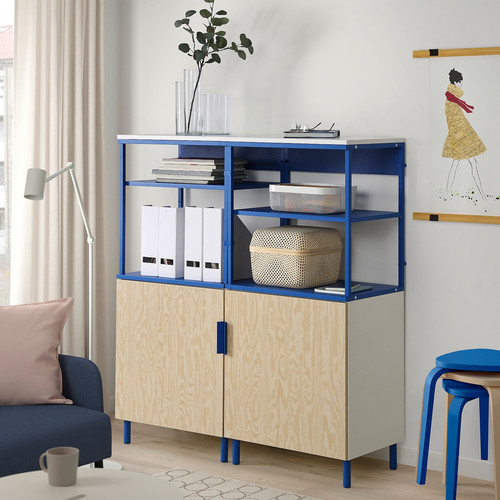 PLATSA Open storage combination w 2 doors, white Kalbåden/blue, 120x42x133 cm