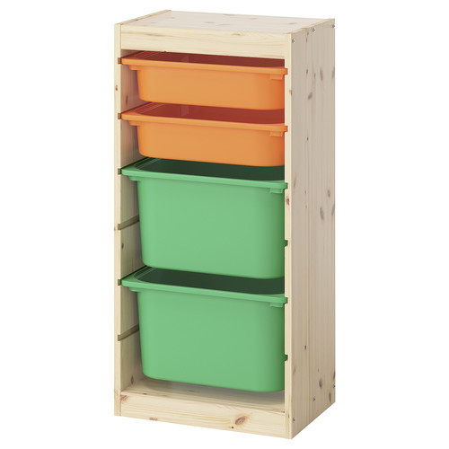 TROFAST Storage combination with boxes, light white stained pine/light orange bright green, 44x30x91 cm