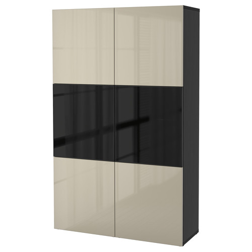 BESTÅ Storage combination w/glass doors, black-brown, Selsviken high-gloss/beige, dimmed glass, 120x40x192 cm