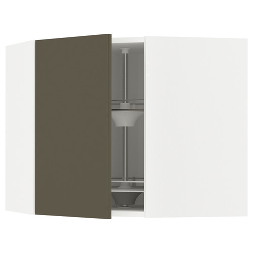 METOD Corner wall cabinet with carousel, white/Havstorp brown-beige, 68x60 cm