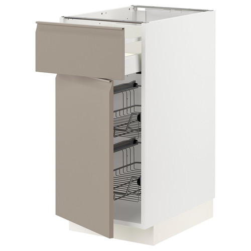 METOD / MAXIMERA Base cab w wire basket/drawer/door, white/Upplöv matt dark beige, 40x60 cm