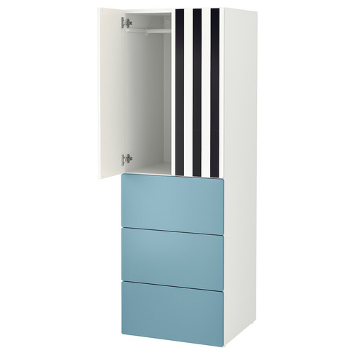 SMÅSTAD / PLATSA Wardrobe, white stripe/blue with 3 drawers, 60x57x181 cm