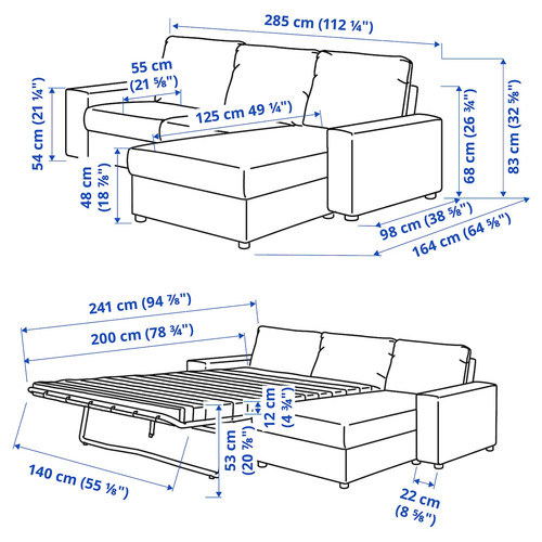 VIMLE 3-seat sofa-bed with chaise longue, with wide armrests/Hallarp grey