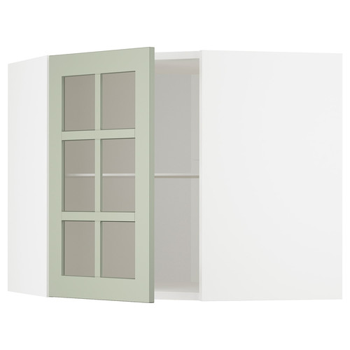 METOD Corner wall cab w shelves/glass dr, white/Stensund light green, 68x60 cm