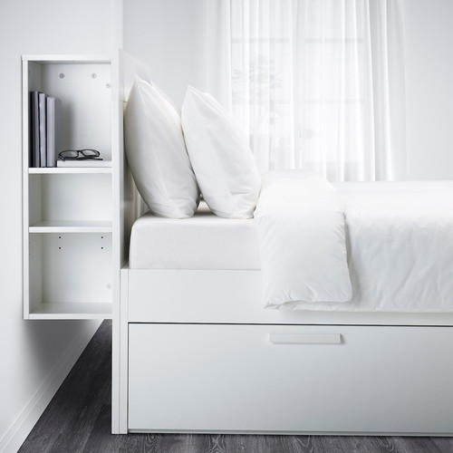 BRIMNES Bed frame w storage and headboard, white, Lönset, 140x200 cm