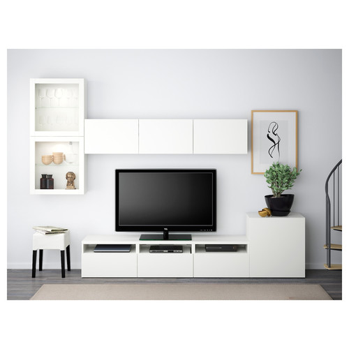 BESTÅ TV storage combination/glass doors, white/Lappviken white clear glass, 300x42x211 cm