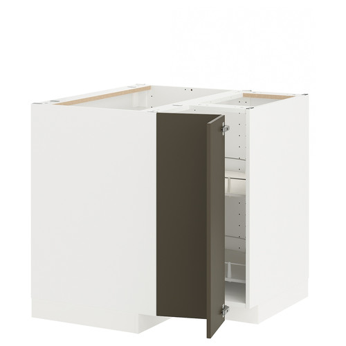 METOD Corner base cabinet with carousel, white/Havstorp brown-beige, 88x88 cm