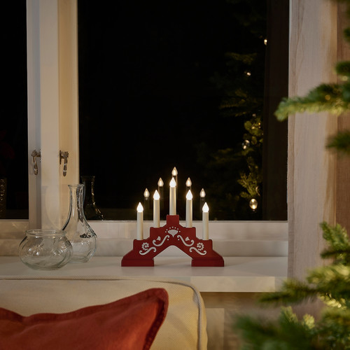 STRÅLA LED 5-armed candelabra, battery-operated/mini red