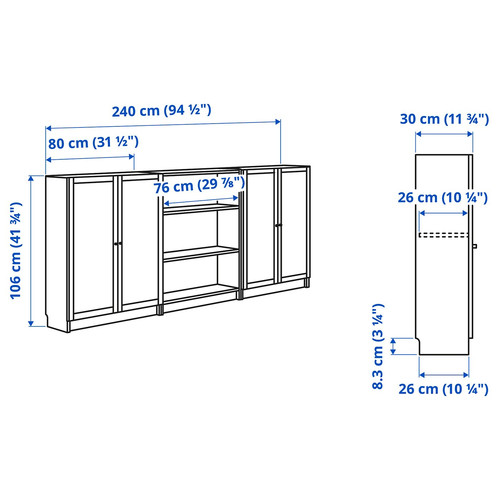 BILLY / OXBERG Bookcase combination with doors, dark brown oak effect, 240x30x106 cm