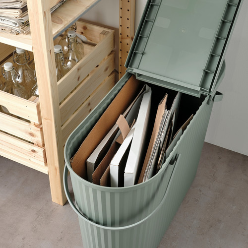 DAMMÄNG Bin with lid, grey-green, 48 l