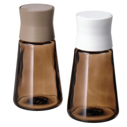 HALVTOM Salt and pepper shakers, glass/brown, 12 cm, 2 pack