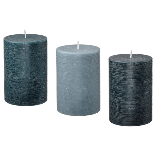 FRUKTSKOG Scented pillar candle, Vetiver & geranium/black-turquoise, 30 hr, 3 pack