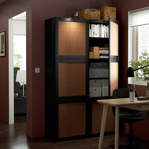 BESTÅ Storage combination with doors, black-brown Studsviken/dark brown woven poplar, 120x42x193 cm