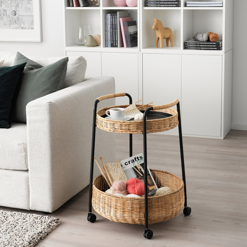 LUBBAN Trolley table with storage, rattan, anthracite