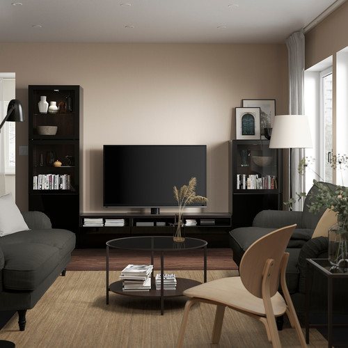 BESTÅ TV storage combination/glass doors, black-brown/Selsviken high-gloss/black clear glass, 300x42x193 cm