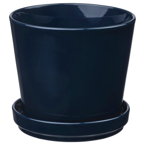 KLOTLÖNN Plant pot with saucer, in/outdoor/black-blue, 15 cm