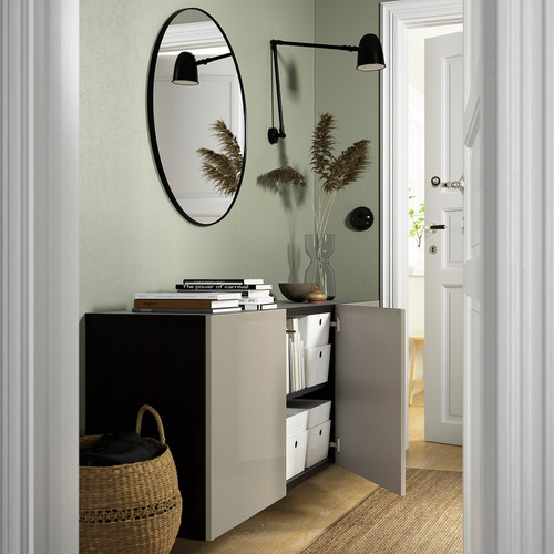 BESTÅ Wall-mounted cabinet combination, black-brown/Selsviken high-gloss/beige, 180x42x64 cm