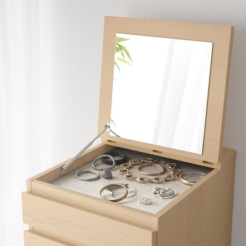 MALM Chest of 6 drawers, white stained oak veneer, mirror glass, 40x123 cm