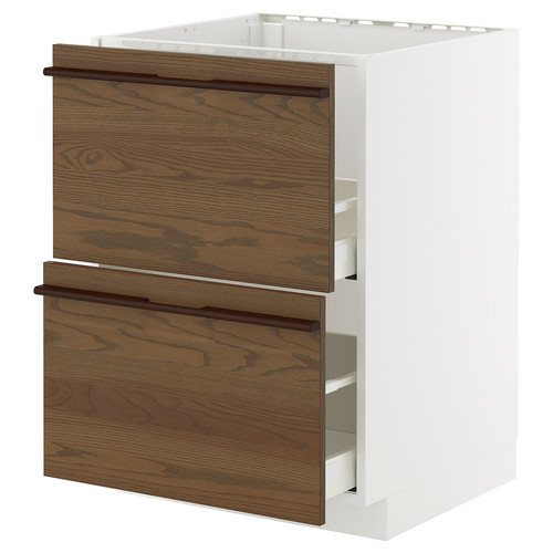 METOD/MAXIMERA Base cab f sink+2 fronts/2 drawers, white/Stensta dark brown ash veneer, 60x60 cm