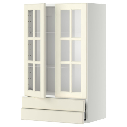 METOD / MAXIMERA Wall cab w 2 glass doors/2 drawers, white/Bodbyn off-white, 60x100 cm
