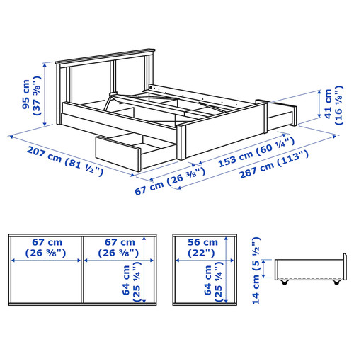 SONGESAND Bed frame with 4 storage boxes, white, Luröy, 140x200 cm