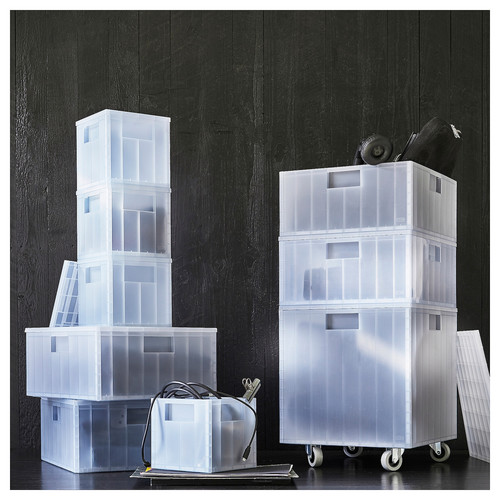 PANSARTAX Box with castors and lid, transparent grey-blue, 33x33x33 cm