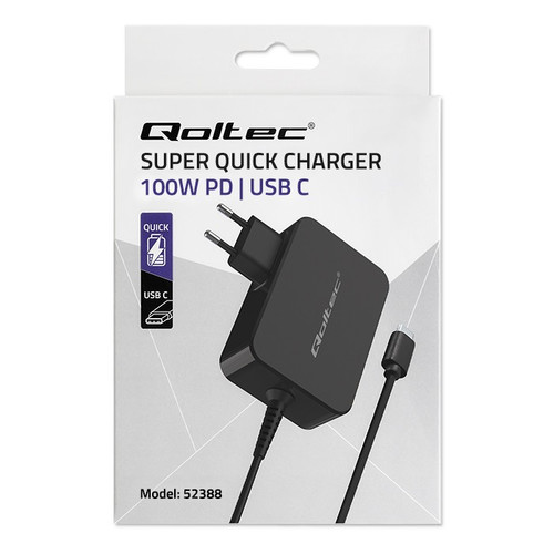 Qoltec Wall Charger EU Plug GaN POWER PRO 1xUSB C, 100W, 5 20V