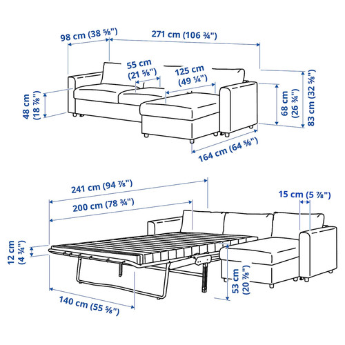 VIMLE 3-seat sofa-bed with chaise longue, Hallarp grey