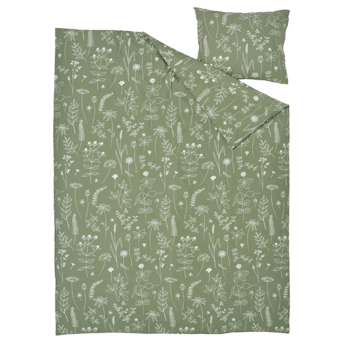 SLÅNGULDMAL Duvet cover and pillowcase, green/floral pattern, 150x200/50x60 cm