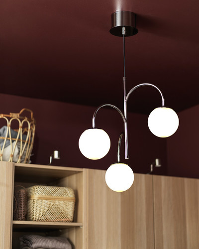 SIMRISHAMN Pendant lamp, 3-armed, chrome-plated, opal white glass