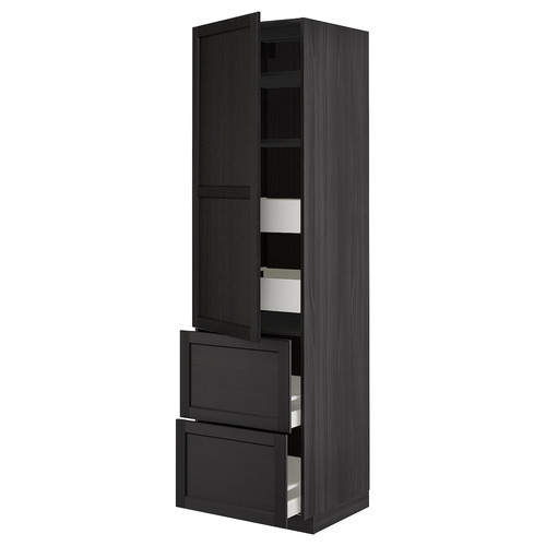 METOD / MAXIMERA Hi cab w shlvs/4 drawers/dr/2 frnts, black/Lerhyttan black stained, 60x60x220 cm