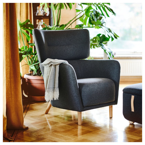 OSKARSHAMN Wing chair with footstool, Gunnared black/grey