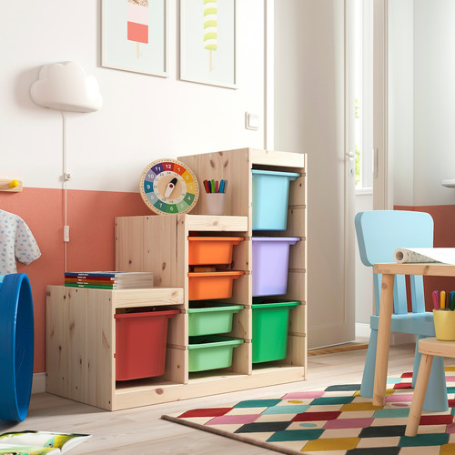 TROFAST Storage combination with boxes, light white stained pine/multicolour, 94x44x91 cm