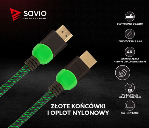 Savio HDMI Cable Ultra HD 4K GCL-03 v2.0 1.8m, braid green