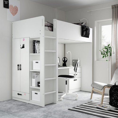 SMÅSTAD Loft bed, white blackboard surface/with desk with 4 drawers, 90x200 cm