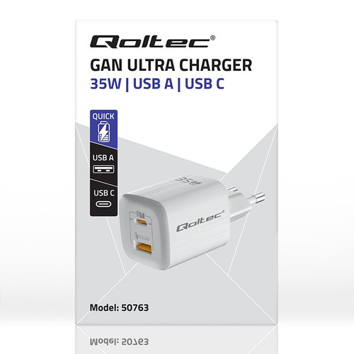 Qoltec Wall Charger EU Plug GaN ULTRA 35W 5V 20V, 2.25A 3A, USB C