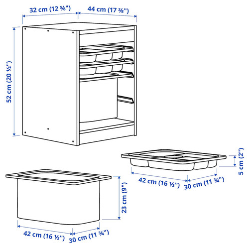 TROFAST Storage combination with box/trays, light white stained pine white/grey, 32x44x52 cm