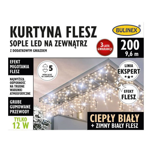 Christmas Curtain Lights In-/Outdoor 200 LED 9.6m, icicles, flash, warm white/cool white