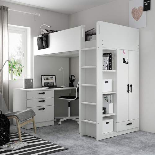 SMÅSTAD Loft bed, white blackboard surface/with desk with 4 drawers, 90x200 cm