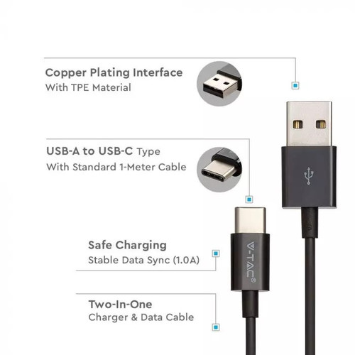 V-TAC Cable USB Type-C 1m 1.0A, black