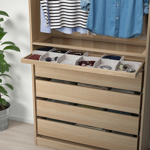 KOMPLEMENT Pull-out tray with divider, white stained oak effect, light grey, 100x35 cm