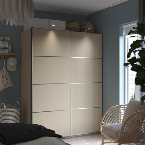 PAX / MEHAMN Wardrobe with sliding doors, grey-beige/double sided grey-beige, 150x66x201 cm