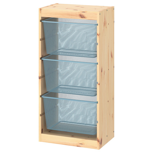 TROFAST Storage combination with boxes, light white stained pine/grey-blue, 44x30x91 cm