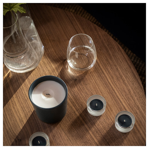 FRUKTSKOG Scented tealight, Vetiver & geranium/black-turquoise, 3.5 hr, 30 pack