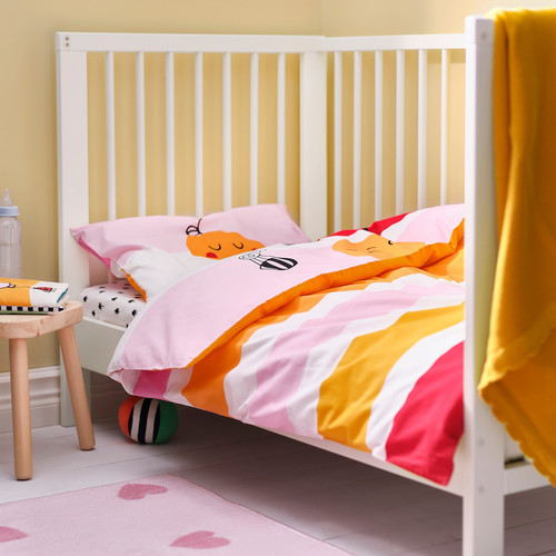 GRÖNFINK Duvet cover 1 pillowcase for cot, multicolour/striped, 110x125/35x55 cm