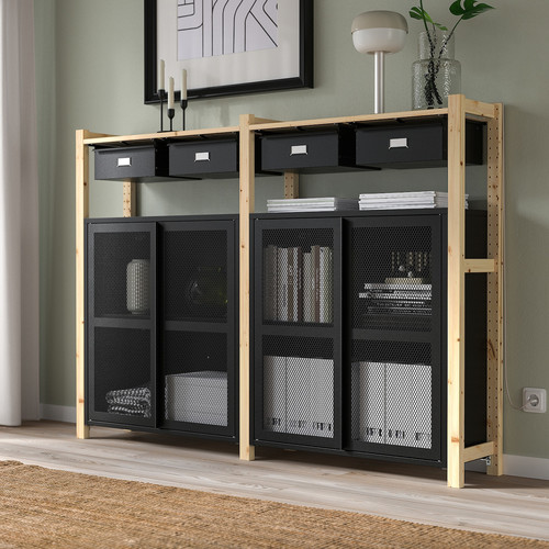 IVAR 2 sections/shelves/cabinets, pine/black mesh, 175x30x124 cm