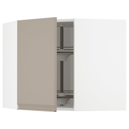 METOD Corner wall cabinet with carousel, white/Upplöv matt dark beige, 68x60 cm